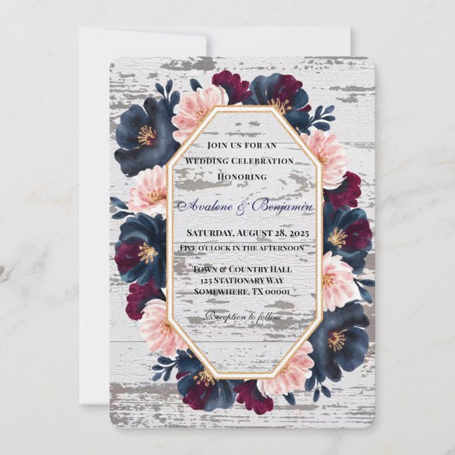 Hochzeitsfeier für die Hochzeit von Navy Burgundy  Einladung (Vorderseite)