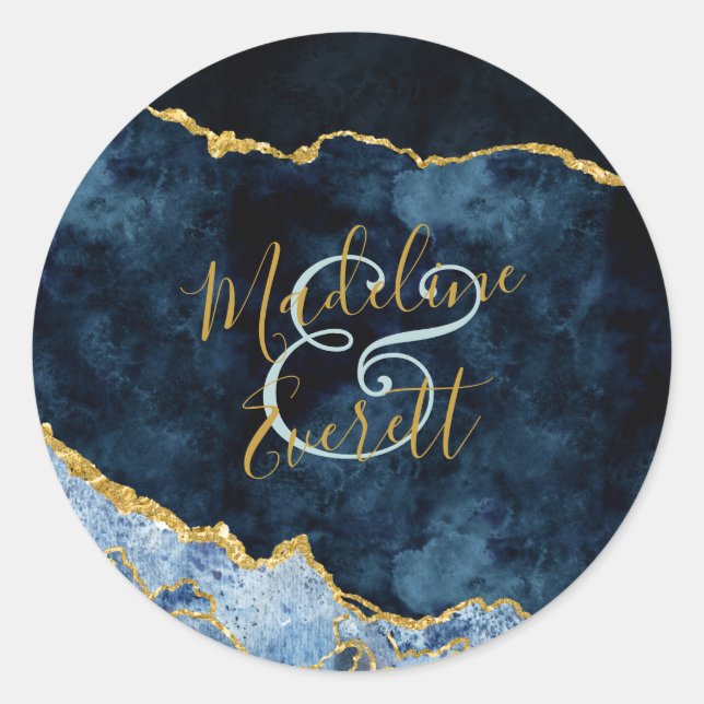Hochzeitsfeier für Navy Blue Gold Foil Agate Marbl Runder Aufkleber (Vorderseite)