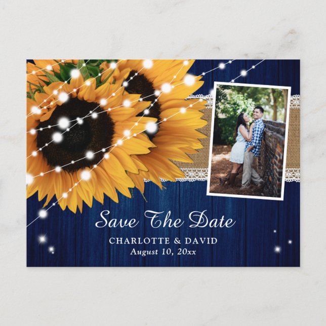 Hochzeitsfeier für Navy Blue Sunflower - Foto Save Ankündigungspostkarte (Vorderseite)