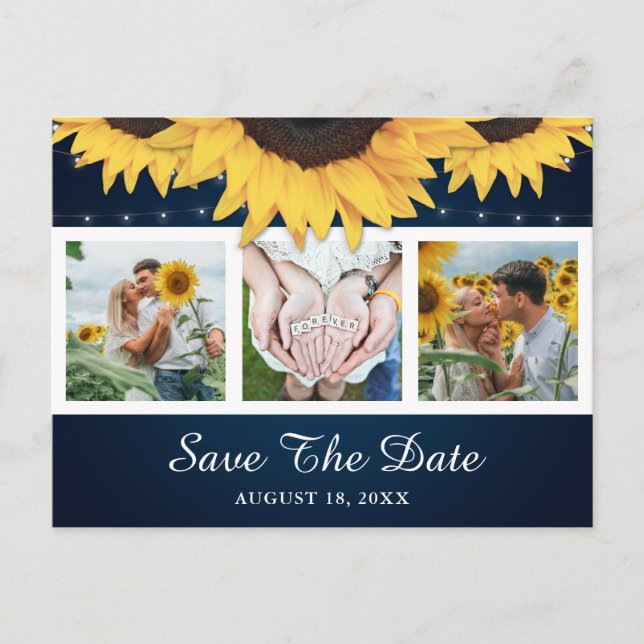 Hochzeitsfeier für Navy Blue Sunflower - Foto Save Ankündigungspostkarte (Vorderseite)
