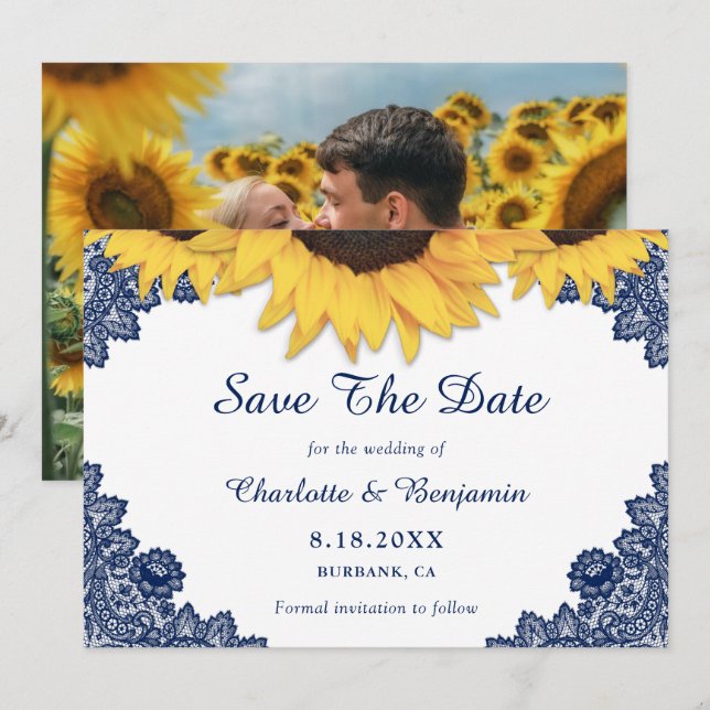 Hochzeitsfeier für Navy Blue Sunflower - Foto Save Save The Date (Vorne/Hinten)