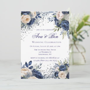 Hochzeitsfeier für Navy Blue und Elfenbeinblume Einladung