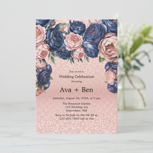 Hochzeitsfeier für Navy Blue und Rose Einladung (Stehend Vorderseite)