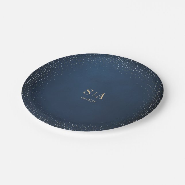 Hochzeitsfeier für Navy & Gold Glitzer Pappteller (Schrägansicht)