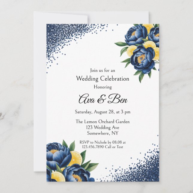 Hochzeitsfeier für Navy Peony Citrus Paint Floral Einladung (Vorderseite)