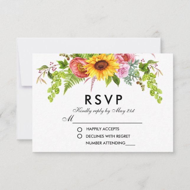 Hochzeitsfeier für Wasserfarben-Sonnenblumen RSVP Karte (Vorderseite)
