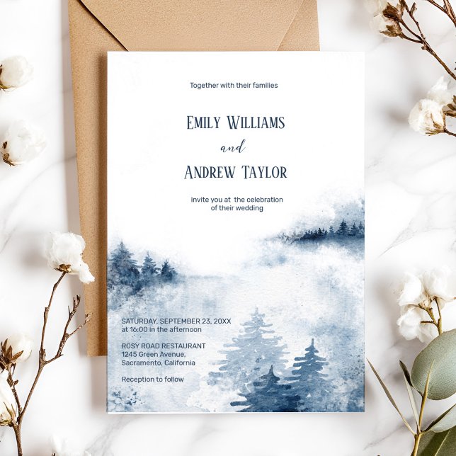 Hochzeitsfeier für Wasserfarbennebel Einladung (“Elegant navy blue watercolor wedding invite with foggy forest design for rustic or woodland wedding)
