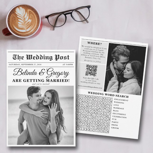 Hochzeitsfeier für Zeitungen - Schwarz-Weiß-Foto Einladung (Wedding Newspaper Fun Black & White Photo Wedding Invitation)