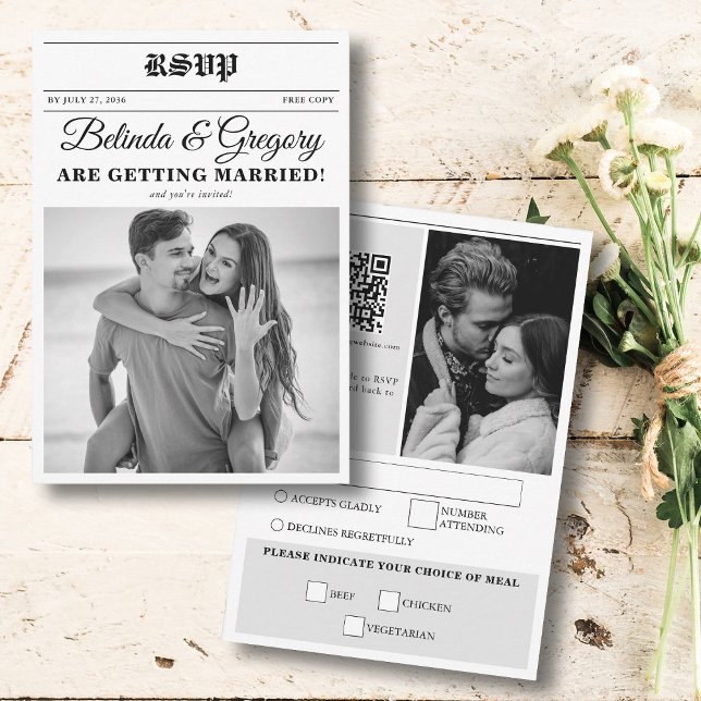 Hochzeitsfeier für Zeitungen - Schwarz-Weiß-Foto RSVP Karte (Wedding Newspaper Fun Black & White Photo Wedding RSVP Card)
