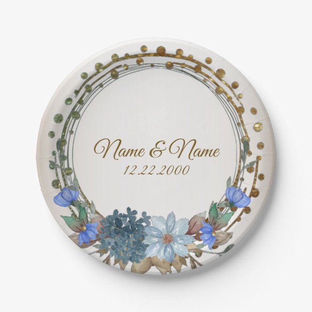 Hochzeitsfeier Geschenk Name Blue Floral Golden Vi Pappteller (Vorderseite)