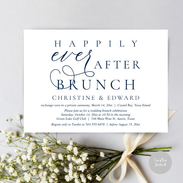 Hochzeitsfeier, glücklicherweise immer nach dem Br Einladung (Modern Classy Wedding Elopement, Happily Ever After Brunch Invitation Card, PDF, in Navy Blue)