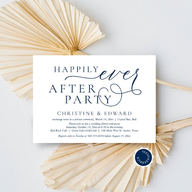Hochzeitsfeier, glücklicherweise immer nach dem Pa Einladung (Wedding Elopement, Happily Ever After Party Invitation Card, Downloadable, Navy Blue Scheme, Classy)