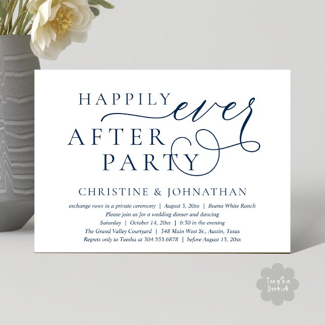 Hochzeitsfeier, glücklicherweise immer nach dem Pa Einladung (Wedding Elopement, Happily Ever After Party Invitation Card PDF Modern Romantic Classy Navy Blue)