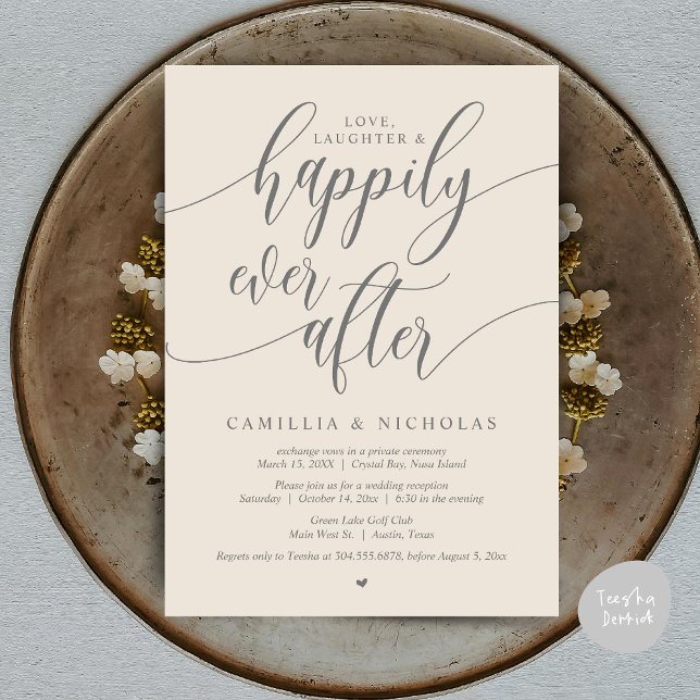 Hochzeitsfeier, glücklicherweise immer nach dem Pa Einladung (Wedding Elopement, To Love Laughter and Happily Ever After Party Invitation Card, PDF, Cream Grey)
