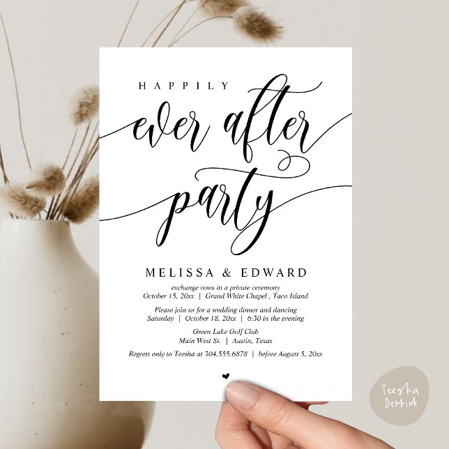Hochzeitsfeier, glücklicherweise immer nach dem Pa Einladung (Happily Ever After Party Invitation Card, PDF, Wedding Elopement Dinner Brunch Lunch, White Black)