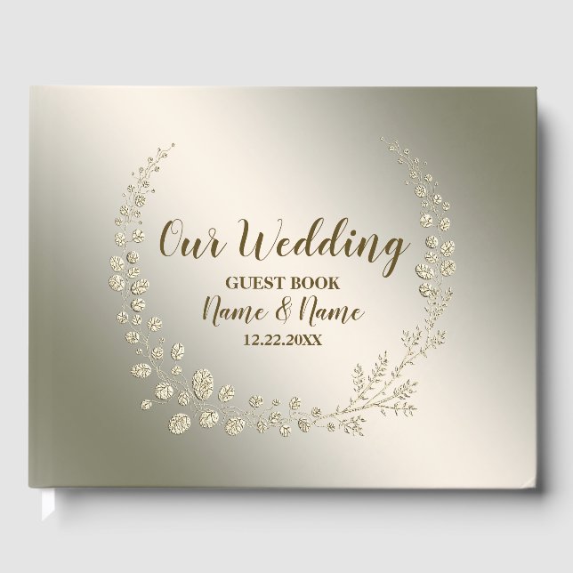 Hochzeitsfeier Golden Floral Blätter Wreath Elegan Gästebuch (Vorderseite)