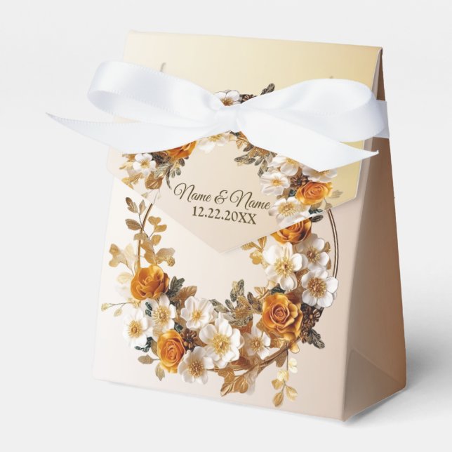 Hochzeitsfeier Golden Orange Weiße Blume Rustikal Geschenkschachtel (Vorderseite)