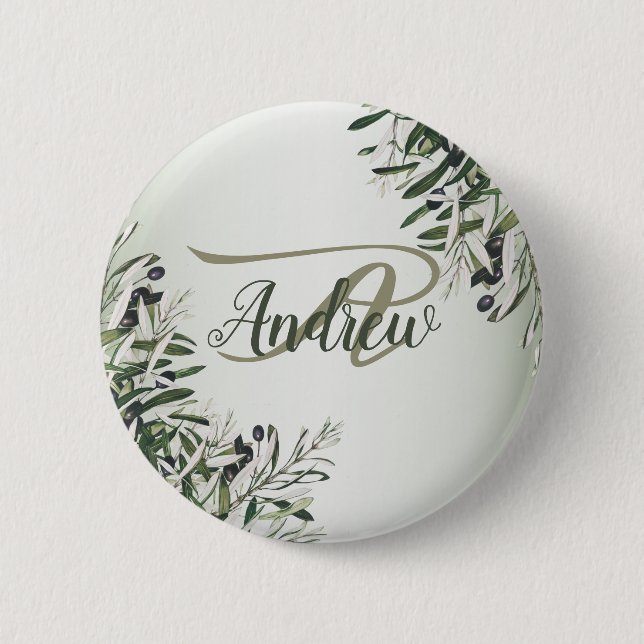 Hochzeitsfeier Grün Blätter Schwarzes Olive Elegan Button (Vorderseite)