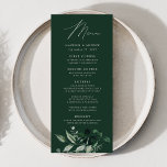 Hochzeitsfeier im Grünen Menükarte<br><div class="desc">Elegantes Hochzeitsmenü mit "Menü", das in einem modernen Kalligrafieschrift mit einem Bouquet Eukalyptus, Farn und anderen üppigen Grünpflanzen auf dunkelgrünem Hintergrund angezeigt wird. Persönlich gestalten Sie das botanische Hochzeitsmenü mit Ihren Namen, dem Hochzeitsdatum und dem Abendmenü. Das einfache Hochzeitsmenü kehrt zu einem soliden, dunkelgrünen Hintergrund mit Platz für Fotos und...</div>