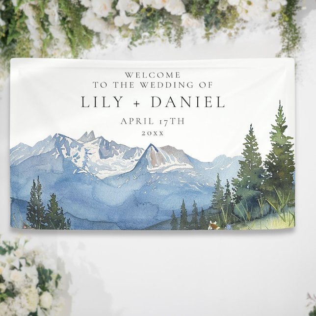Hochzeitsfeier im Wasserfarbengebirge Banner (Watercolor Mountain Floral Wedding Welcome Banner)