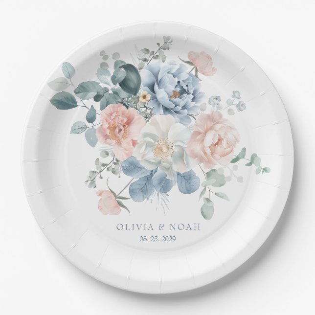 Hochzeitsfeier in Blau und Rosa Pappteller (Vorderseite)