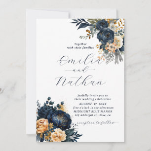 Hochzeitsfeier in Blue und Gold Floral Einladung