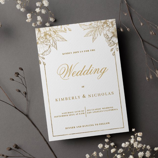 Hochzeitsfeier in Gold und Weiß Einladung (Luxury white and gold floral wedding)