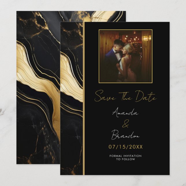 Hochzeitsfeier in Luxus-Foto aus schwarzem und gol Save The Date (Vorne/Hinten)