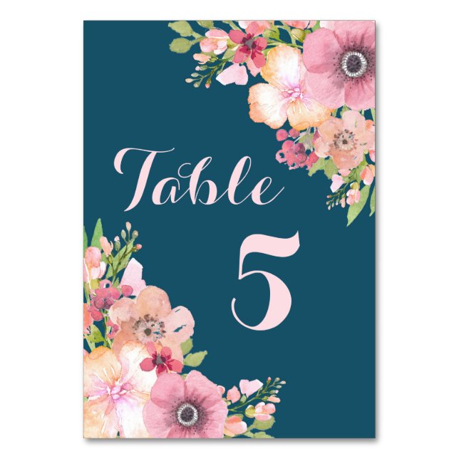 Hochzeitsfeier in Navy Blue Pink Floral Tischnumme Tischnummer (Vorderseite)