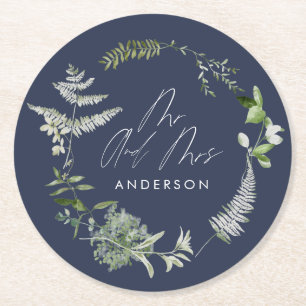 Hochzeitsfeier in Navy mit elegantem Botanischem S Runder Pappuntersetzer