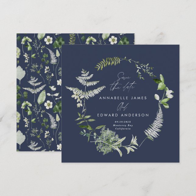 Hochzeitsfeier in Navy mit elegantem Botanischem S Save The Date (Vorne/Hinten)