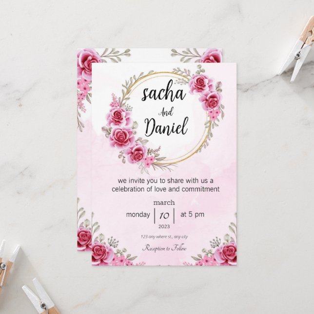 Hochzeitsfeier in Rosa , Feier der Liebe Einladung (Vorderseite/Rückseite Beispiel)