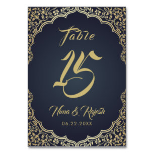 Hochzeitsfeier, indische Hochzeit, Blau, Gold Tischnummer