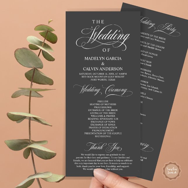 Hochzeitsfeier, Klassisches Elegance Dunkelgrau Programm (Wedding Ceremony Program Card, in Modern Classy Elegant Design, in Dark Grey)