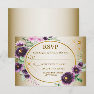 Hochzeitsfeier Lila Rosa Blumen Grün Blätter Gold RSVP Karte