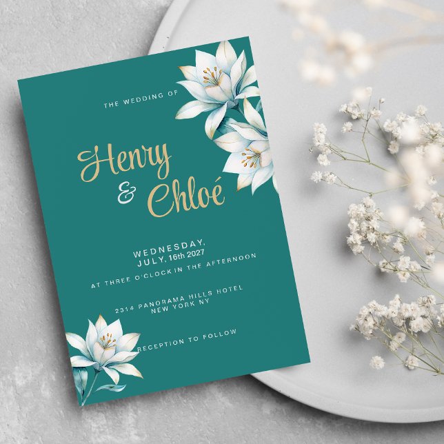 Hochzeitsfeier mit aquamariner Goldlilie Einladung (Watercolor white teal gold lily floral Wedding )