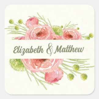Hochzeitsfeier mit Aquarellblumen Quadratischer Aufkleber
