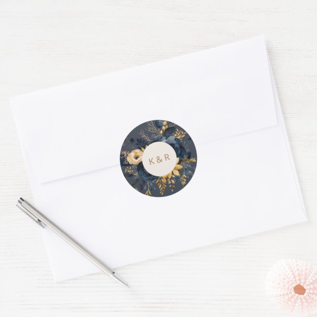 Hochzeitsfeier mit blauem Gold-Floral Runder Aufkleber (Umschlag)