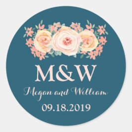 Hochzeitsfeier mit blauem Pfirsichblumen Runder Aufkleber