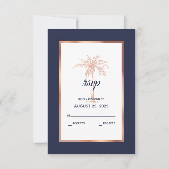 Hochzeitsfeier mit blauem Rose-Gold-Kupfer-Palm Tr RSVP Karte (Vorderseite)
