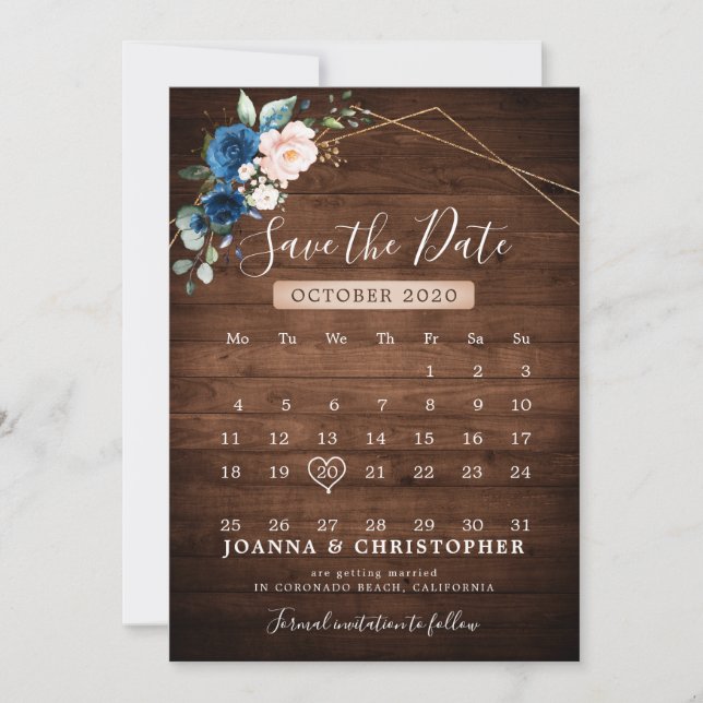 Hochzeitsfeier mit blauem Rost, rustikales Holz Save The Date (Vorderseite)