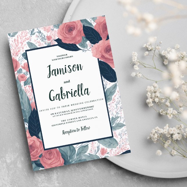 Hochzeitsfeier mit blauen Lila Einladung (Watercolor navy blue mauve pink floral Wedding )