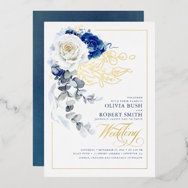 Hochzeitsfeier mit Blauen und Weißen Blumen Boho E Folieneinladung (Vorderseite/Rückseite)