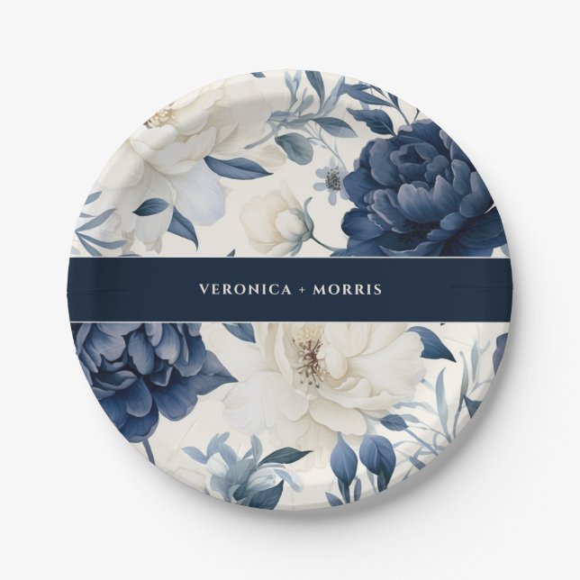 Hochzeitsfeier mit blauen und weißen Blumen Pappteller (Vorderseite)