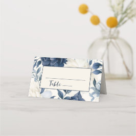 Hochzeitsfeier mit blauen und weißen Blumen Platzkarte
