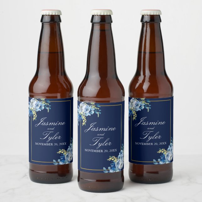 Hochzeitsfeier mit Blauer Gold-Blütenblüte Bierflaschenetikett (Flaschen)