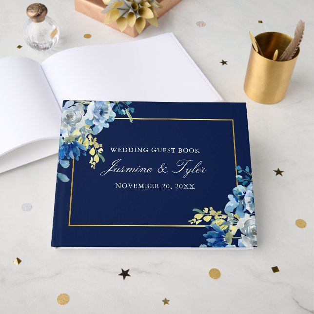 Hochzeitsfeier mit Blauer Gold-Blütenblüte Gästebuch (Vorderseite Offen)