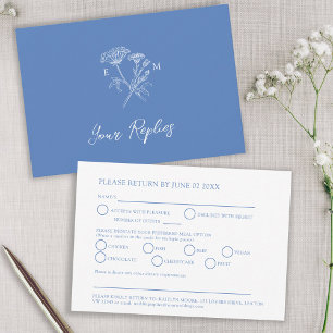 Hochzeitsfeier mit blauer Monogramm-Wildblume RSVP Karte
