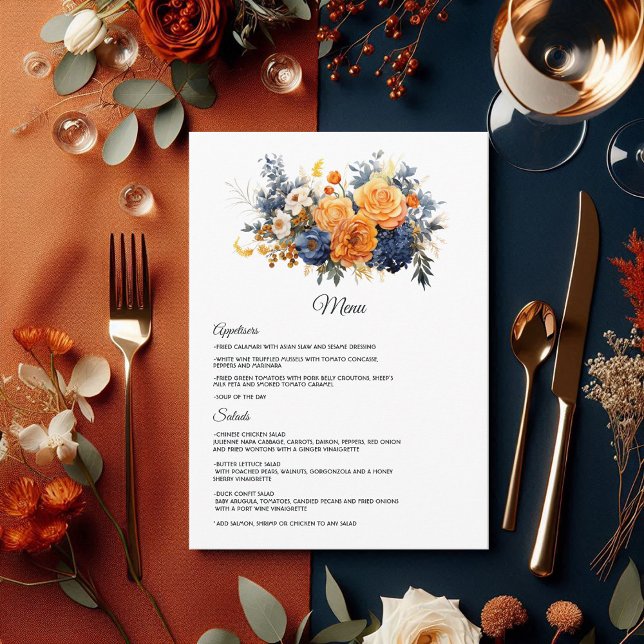 Hochzeitsfeier mit Blauer Navy, Burnt Orange & Cha Menükarte (Navy Blue, Burnt Orange and Champagne Floral Wedding Menu)