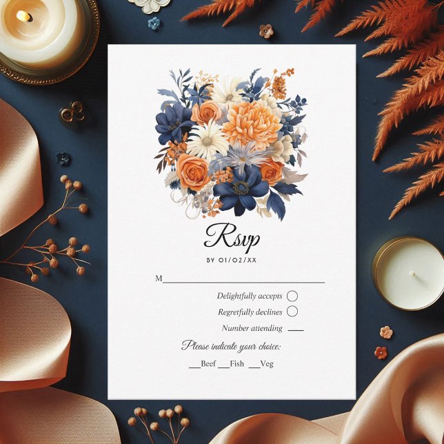Hochzeitsfeier mit Blauer Navy, Burnt Orange & Cha RSVP Karte (Navy Blue, Burnt Orange & Champagne Floral Wedding RSVP Card)